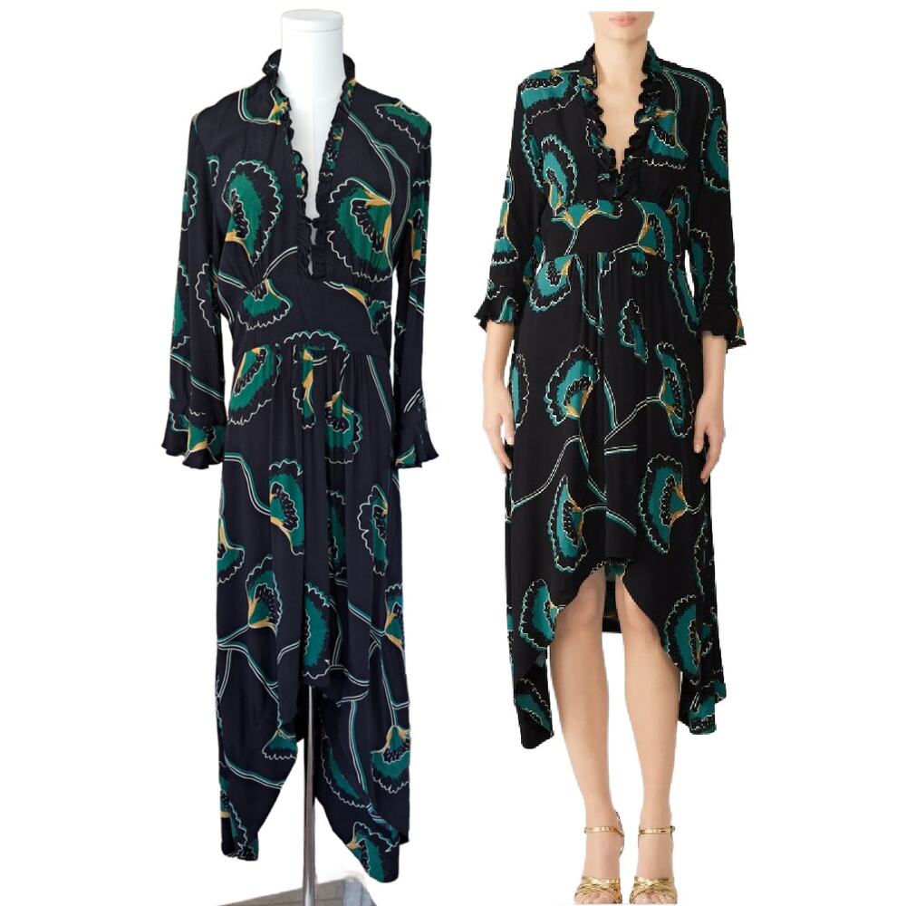 BA&SH Lalie Asymmetric Hem Midi Dress Large 10 Black Ginko Floral Print